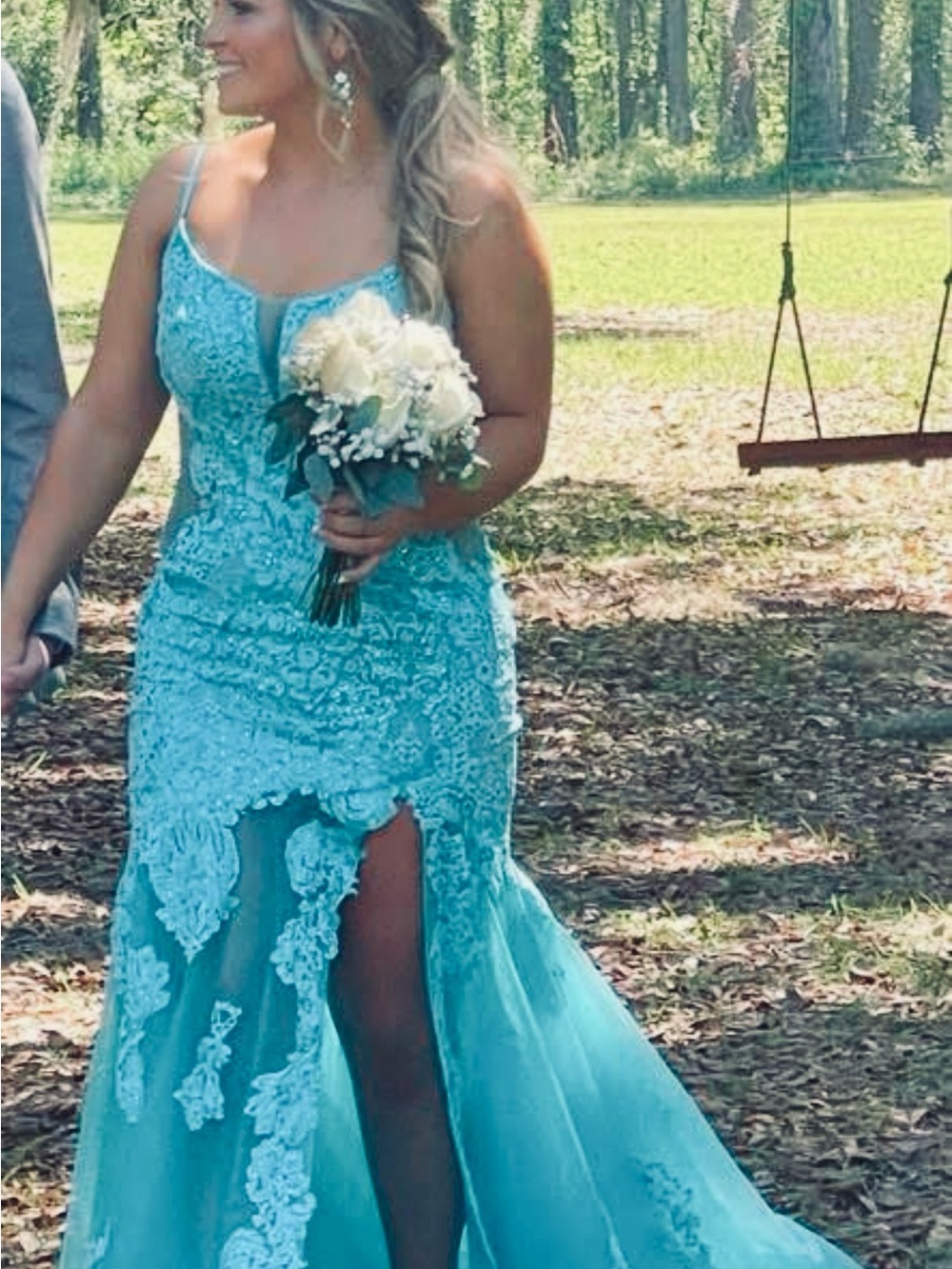 Rachel Allan Turquoise Lace Mermaid Gown with Sheer Panels